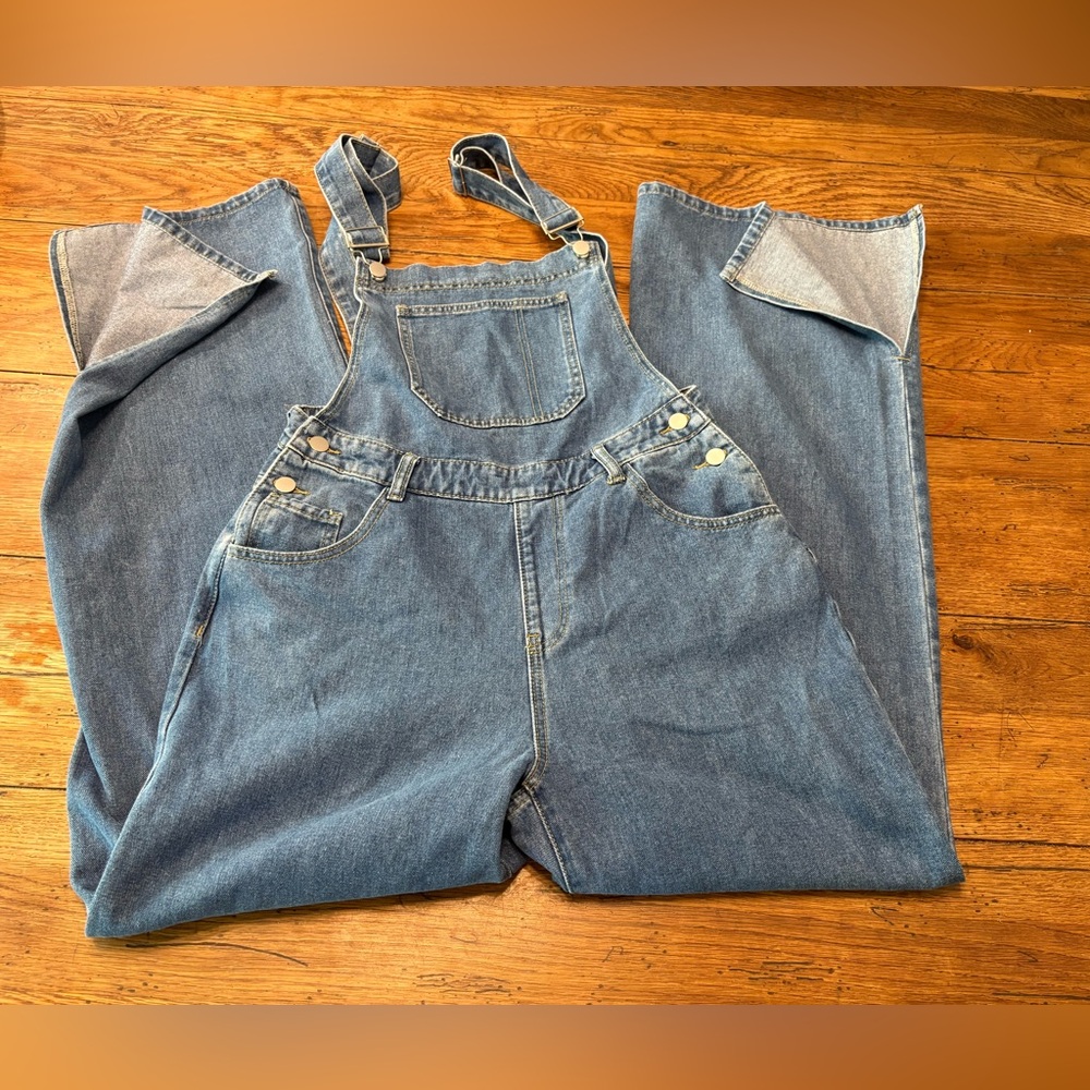 Light Wash Blue Denim Baggy Boho Wide Leg Flare w/ Deep Slits Open Back Overalls